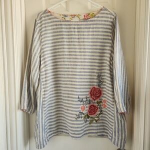 J. Jill 100% Linen Striped Embroidered Tunic Blouse Size Large Floral